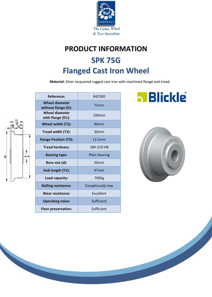 Wheel series 75mm flanged cast iron 20mm bore hub length 47mm plain bearing 700kg - Spec sheet