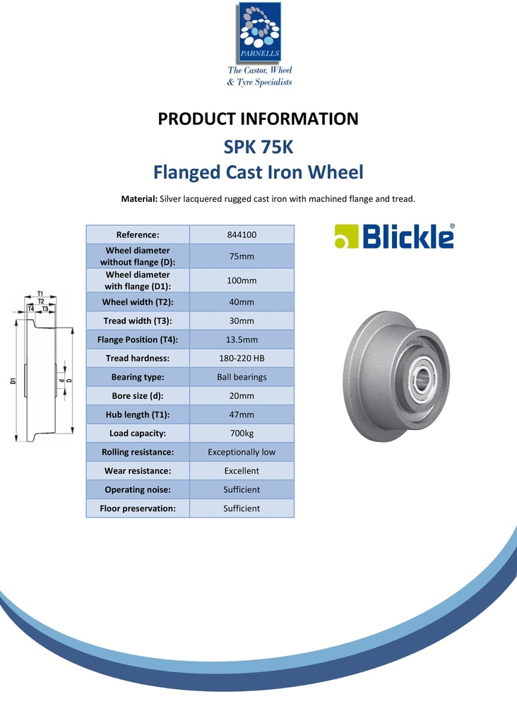 Wheel series 75mm flanged cast iron 20mm bore hub length 47mm ball bearing 700kg - Spec sheet