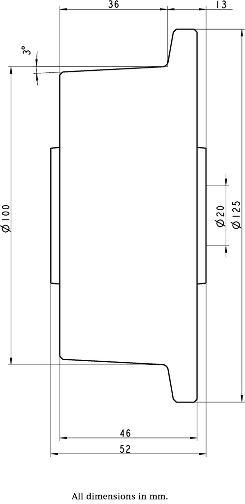 Wheel series 100mm flanged cast iron 20mm bore hub length 52mm plain bearing 800kg - Wheel dimensions