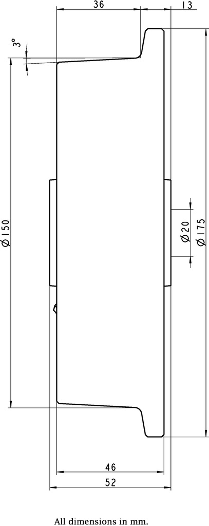 Wheel series 150mm flanged cast iron 20mm bore hub length 52mm plain bearing 1000kg - Wheel dimensions