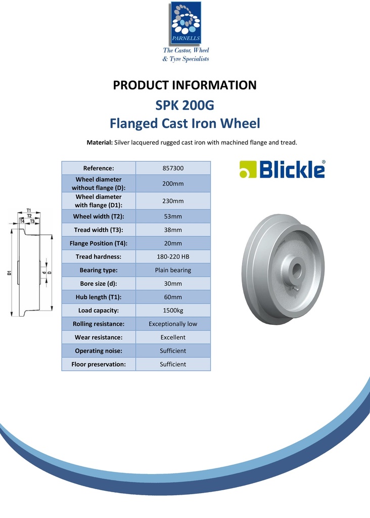 Wheel series 200mm flanged cast iron 30mm bore hub length 60mm plain bearing 1500kg - Spec sheet