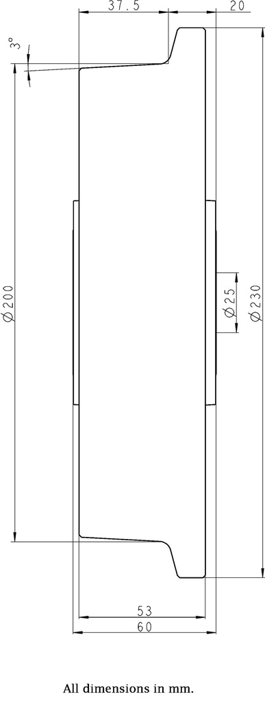 Wheel series 200mm flanged cast iron 20mm bore hub length 52mm ball bearing 1500kg - Wheel dimensions