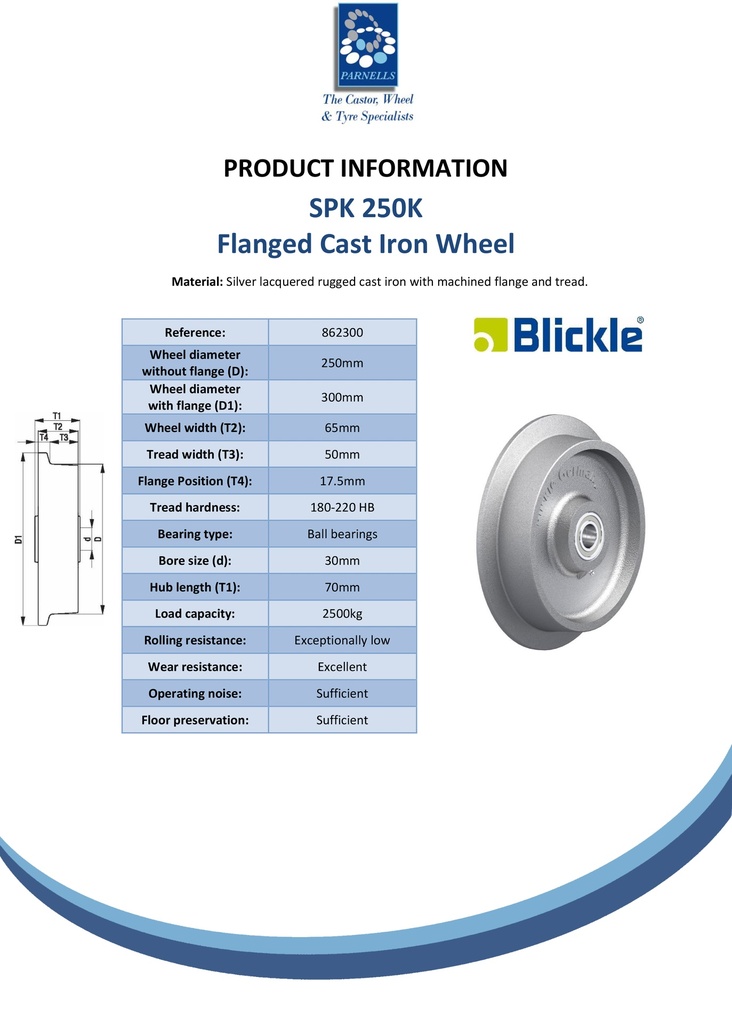 Wheel series 250mm flanged cast iron 30mm bore hub length 70mm ball bearing 2500kg - Spec sheet