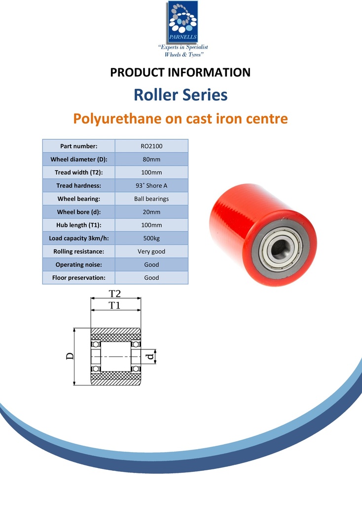Wheel series 80x100mm roller polyurethane on cast iron centre 20mm bore hub length 100mm ball bearing 500kg - Spec sheet