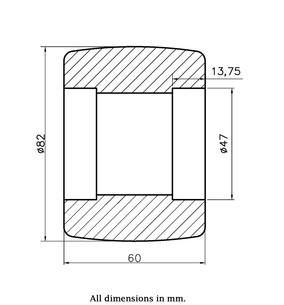 Wheel series 82x60mm roller nylon bearing seat 47x14mm hub length 60mm 650kg - Wheel dimensions