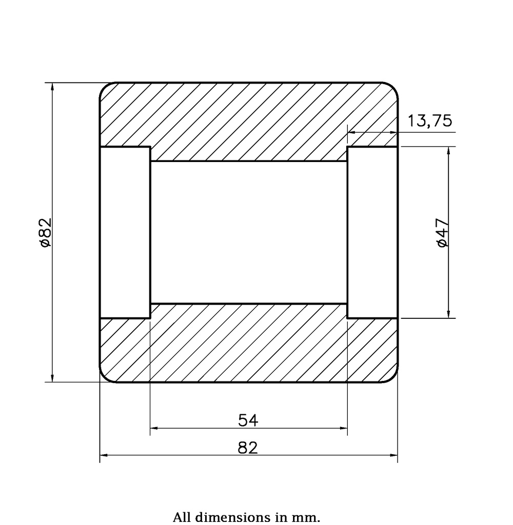 Wheel series 82x82mm roller nylon bearing seat 47x14mm hub length 82mm 800kg - Wheel dimensions