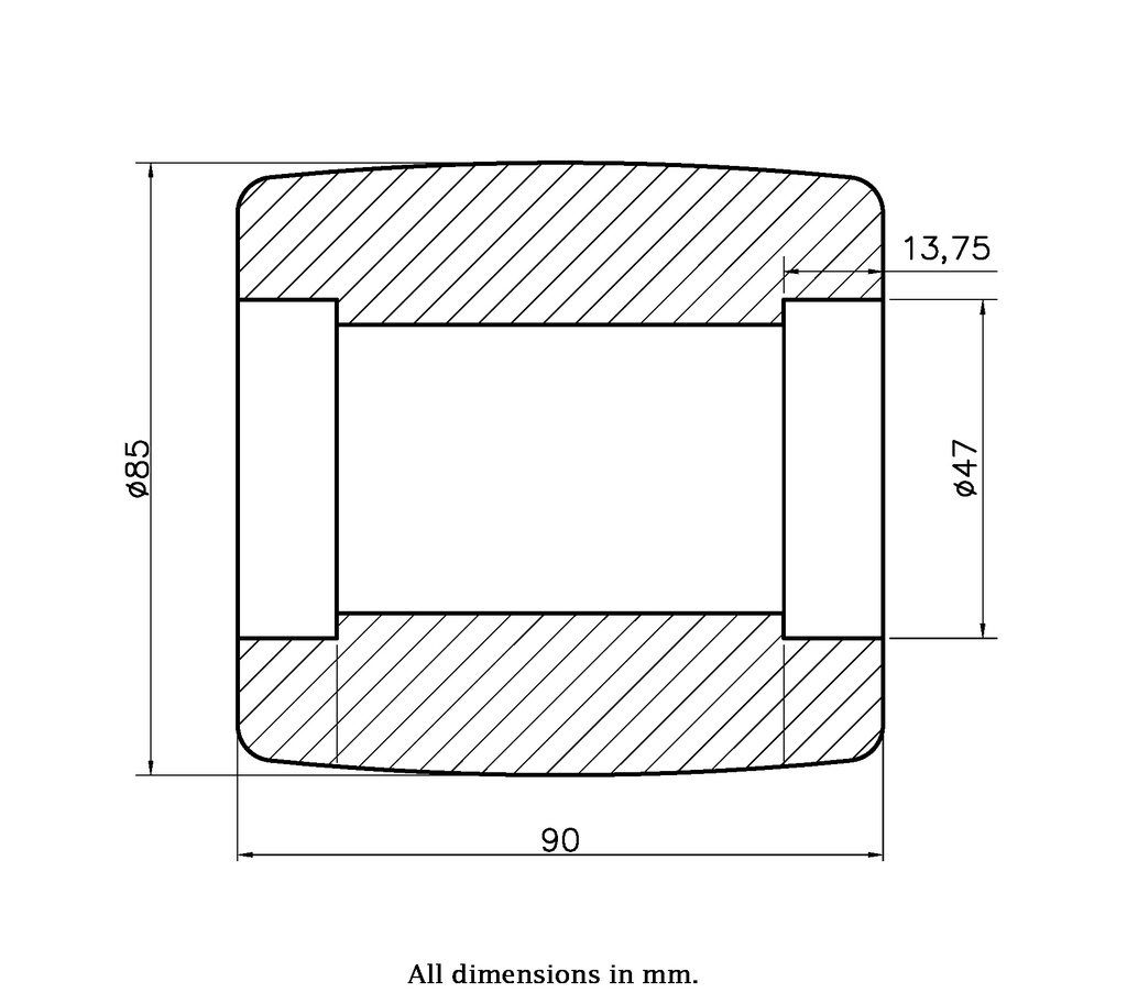 Wheel series 85x90mm roller nylon bearing seat 47x14mm hub length 90mm 900kg - Wheel dimensions
