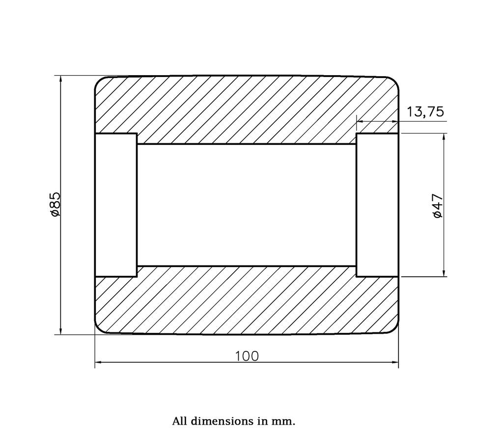 Wheel series 85x100mm plain nylon bearing seat 47x14mm hub length 100mm 950kg - Wheel dimensions