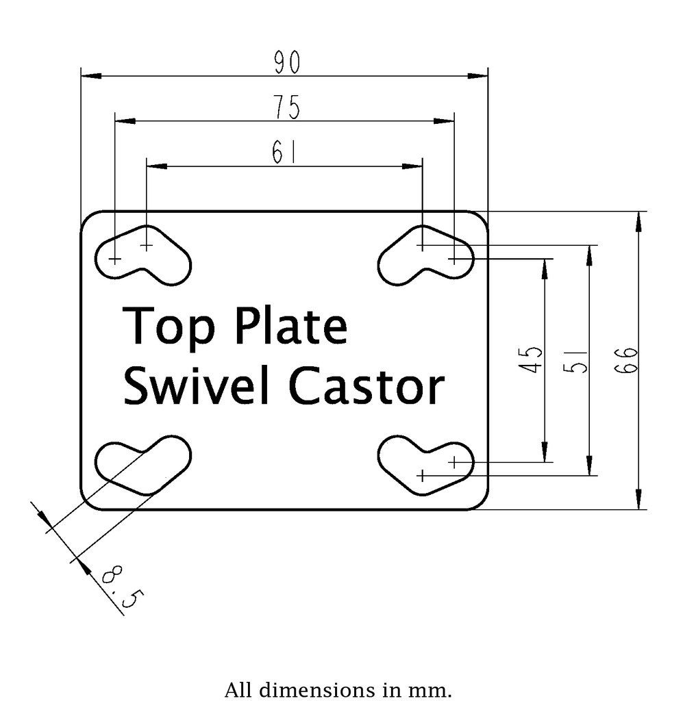 Plastic castor series 100mm swivel top plate 90x66mm - Plate drawing