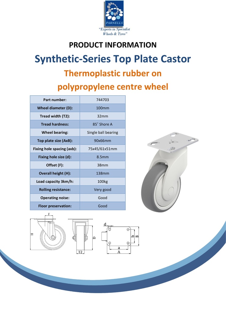 Plastic castor series 100mm swivel top plate 90x66mm castor with grey TPR-rubber on polypropylene centre single ball bearing wheel 100kg - Spec sheet