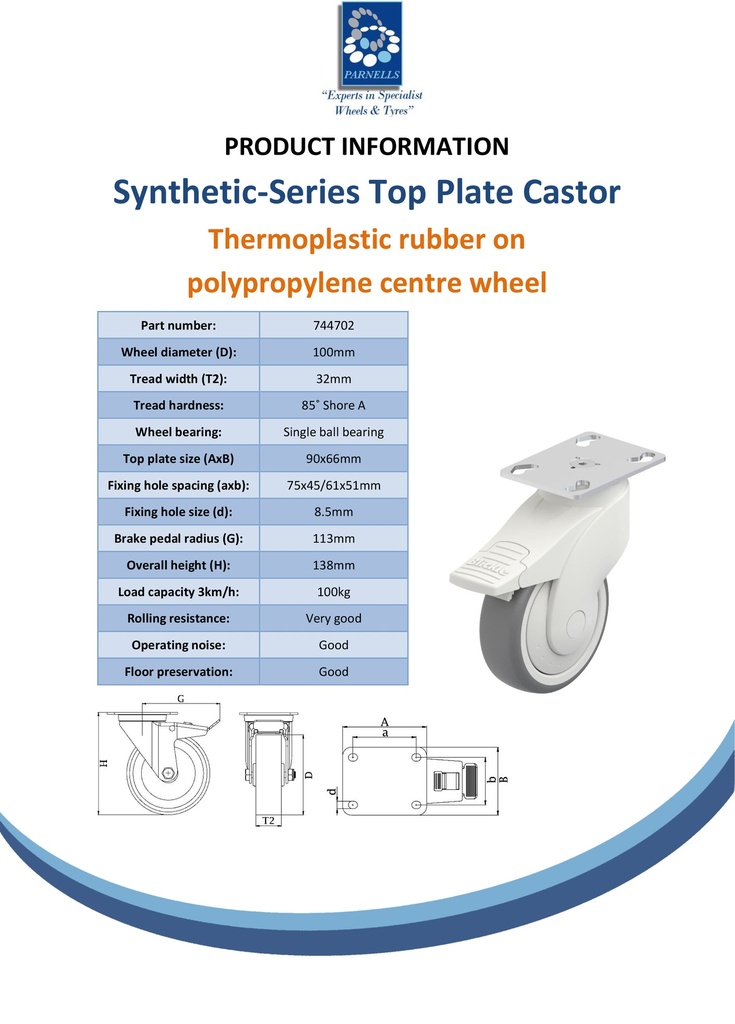 Plastic castor series 100mm swivel/brake top plate 90x66mm castor with grey TPR-rubber on polypropylene centre single ball bearing wheel 100kg - Spec sheet