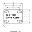 Plastic castor series 125mm swivel top plate 90x66mm - Plate drawing
