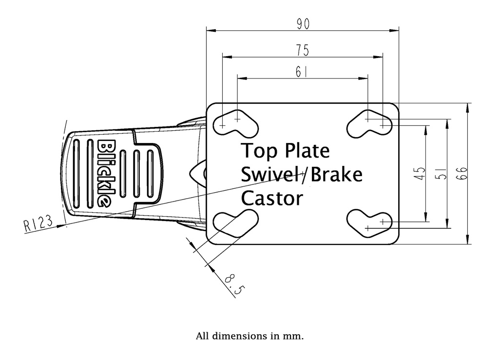 Plastic castor series 125mm swivel/brake top plate 90x66mm - Plate drawing