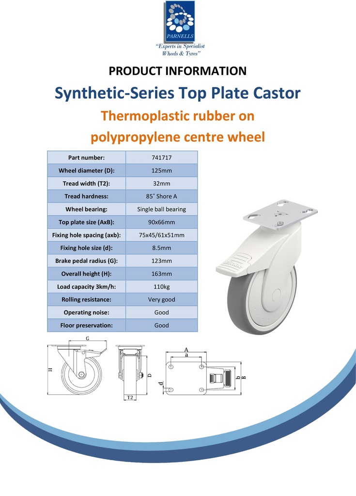 Plastic castor series 125mm swivel/brake top plate 90x66mm castor with grey TPR-rubber on polypropylene centre single ball bearing wheel 110kg - Spec sheet
