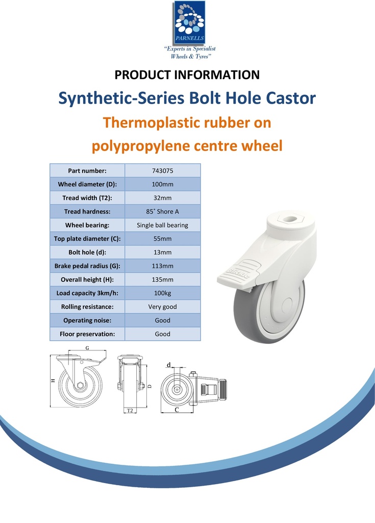 Plastic castor series 100mm swvel/brake bolt hole 13mm castor with grey TPR-rubber on polypropylene centre single ball bearing wheel 100kg - Spec sheet