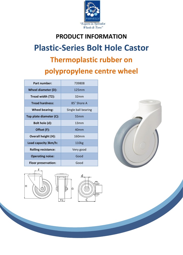 Plastic castor series 125mm swivel bolt hole 13mm castor with grey TPR-rubber on polypropylene centre single ball bearing wheel 110kg - Spec sheet