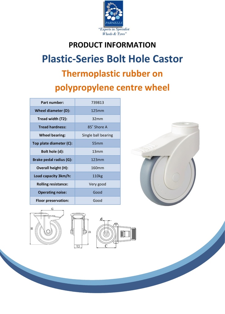 Plastic castor series 125mm swivel/brake bolt hole 13mm castor with grey TPR-rubber on polypropylene centre single ball bearing wheel 110kg - Spec sheet