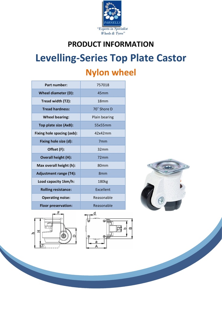 Levelling series HRP-POA 45G 45mm swivel top plate 55x55mm castor with nylon plain bearing wheel 180kg - Spec sheet