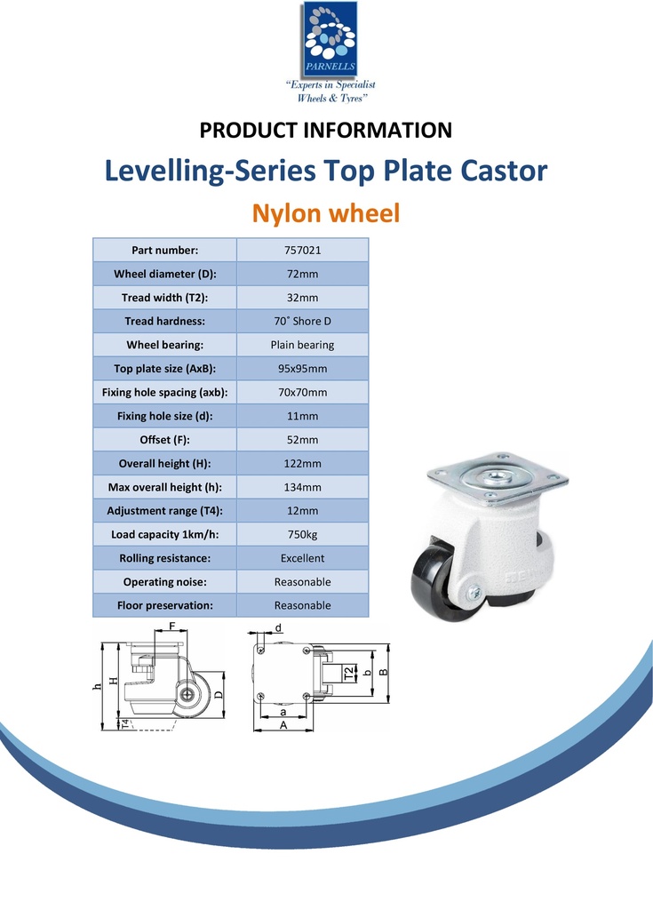 Levelling series HRP-POA 72G 72mm swivel top plate 95x95mm castor with nylon plain bearing wheel 750kg - Spec sheet