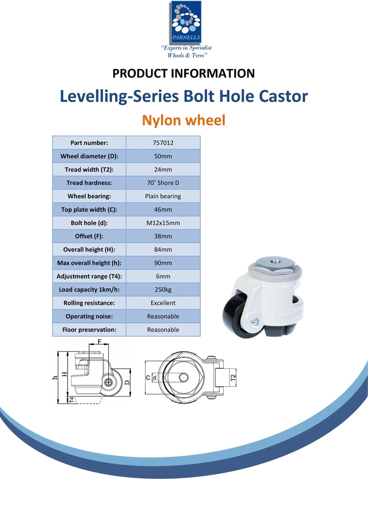 Levelling series HRIG-POA 50G 50mm swivel threaded bolt hole M12x15mm castor with nylon plain bearing wheel 250kg - Spec sheet