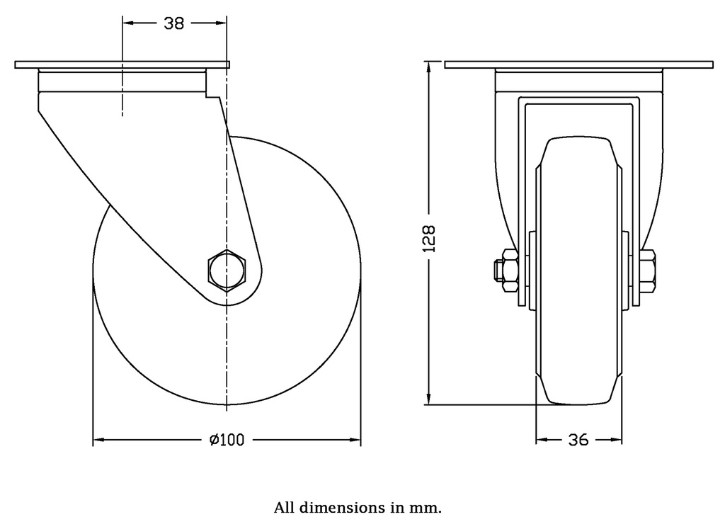 300 series 100mm swivel top plate 100x80mm castor with blue elastic rubber on nylon centre roller bearing wheel 150kg - Castor dimensions