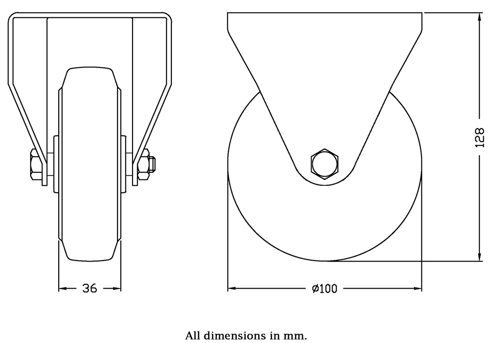 300 series 100mm fixed top plate 100x84mm castor with blue elastic rubber on nylon centre roller bearing wheel 150kg - Castor dimensions