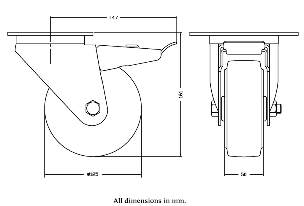 300 series 125mm swivel/brake top plate 140x110mm castor with blue elastic rubber on nylon centre ball bearing wheel 250kg - Castor dimensions