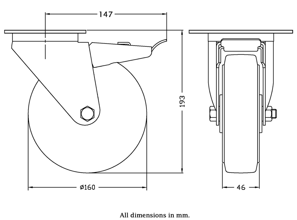 300 series 160mm swivel/brake top plate 140x110mm castor with blue elastic rubber on nylon centre roller bearing wheel 350kg - Castor dimensions