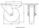 300 series 160mm swivel/brake top plate 140x110mm castor with blue elastic rubber on nylon centre roller bearing wheel 350kg - Castor dimensions