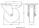300 series 160mm swivel/brake top plate 140x110mm castor with blue elastic rubber on nylon centre ball bearing wheel 350kg - Castor dimensions