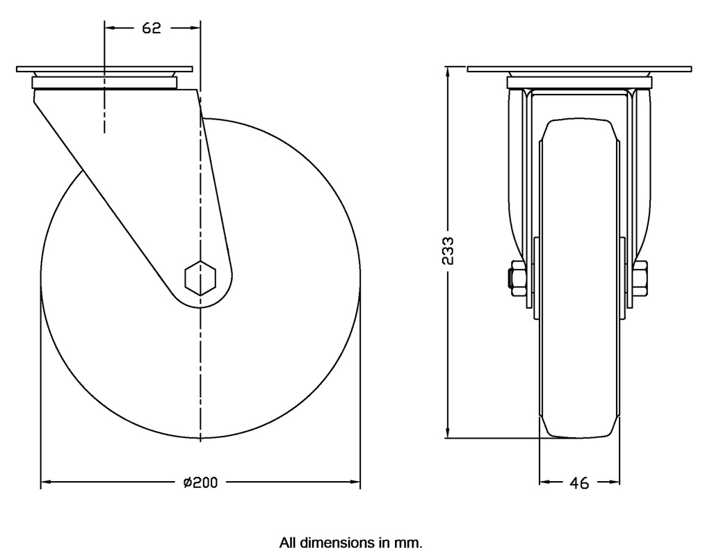 300 series 200mm swivel top plate 140x110mm castor with blue elastic rubber on nylon centre roller bearing wheel 350kg - Castor dimensions
