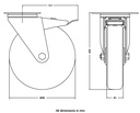 300 series 200mm swivel/brake top plate 140x110mm castor with blue elastic rubber on nylon centre ball bearing wheel 350kg - Castor dimensions
