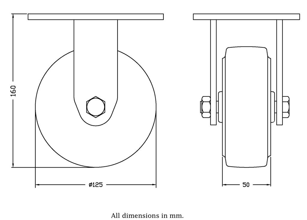500 series 125mm fixed top plate 140x110mm castor with blue elastic rubber on nylon centre ball bearing wheel 250kg - Castor dimensions