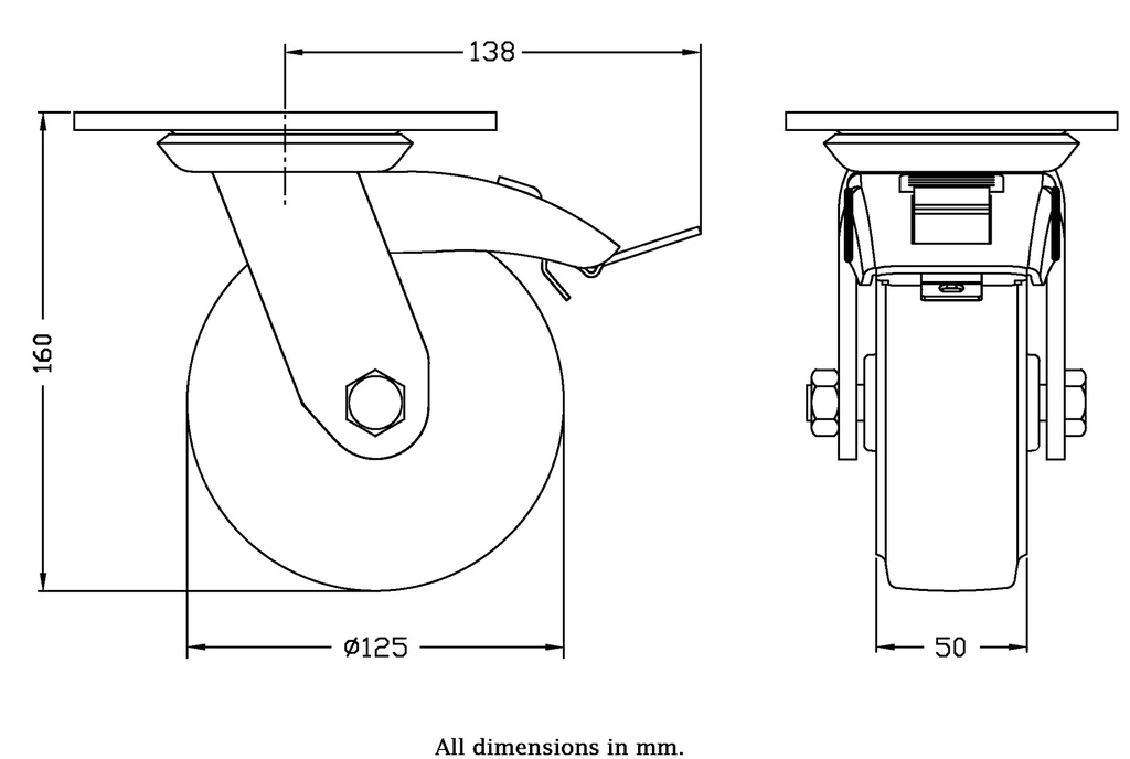 500 series 125mm swivel/brake top plate 140x110mm castor with blue elastic rubber on nylon centre ball bearing wheel 250kg - Castor dimensions
