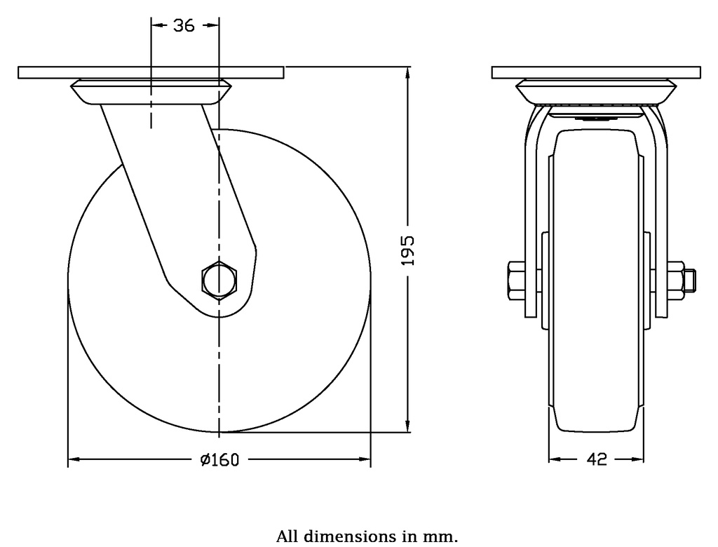 500 series 160mm swivel top plate 140x110mm castor with blue elastic rubber on nylon centre ball bearing wheel 350kg - Castor dimensions