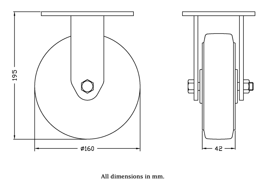 500 series 160mm fixed top plate 140x110mm castor with blue elastic rubber on nylon centre ball bearing wheel 350kg - Castor dimensions