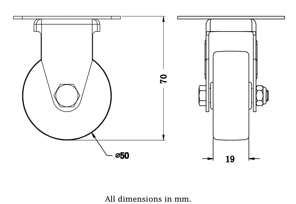 100 series 50mm fixed top plate 60x60mm castor with electrically conductive grey TPR-rubber on polypropylene centre plain bearing wheel 30kg - Castor drawing