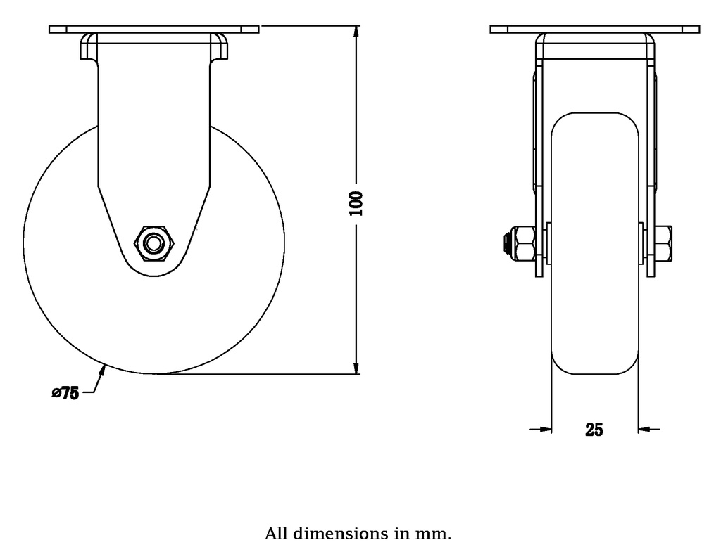 100 series 75mm fixed top plate 60x60mm castor with electrically conductive grey TPR-rubber on polypropylene centre plain bearing wheel 50kg - Castor drawing