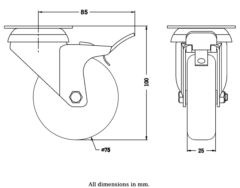 100 series 75mm swivel/brake top plate 60x60mm castor with electrically conductive grey TPR-rubber on polypropylene centre plain bearing wheel 50kg - Castor drawing
