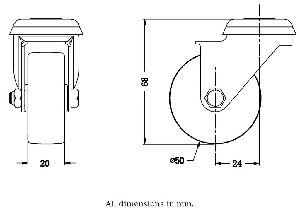 100 series 50mm swivel bolt hole 10mm castor with electrically conductive grey TPR-rubber on polypropylene centre plain bearing wheel 30kg - Castor drawing