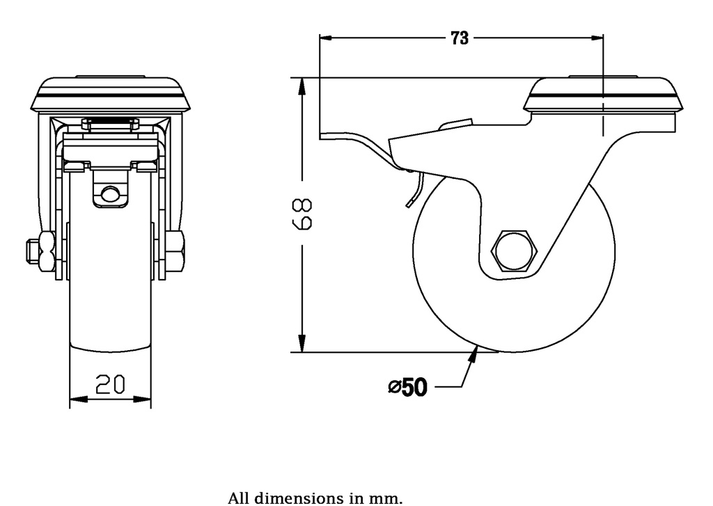 100 series 50mm swivel/brake bolt hole 10mm castor with nylon tread on polypropylene centre plain bearing wheel 50kg - Castor drawing