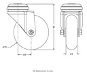 100 series 75mm swivel bolt hole 10mm castor with nylon tread on polypropylene centre plain bearing wheel 70kg - Castor drawing