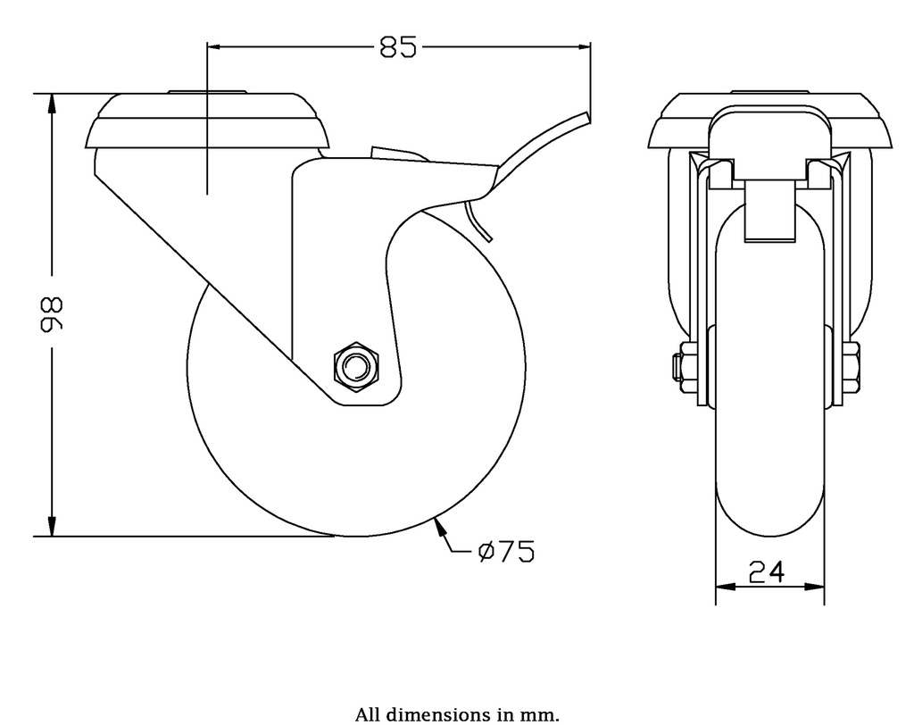 100 series 75mm swivel/brake bolt hole 10mm castor with nylon tread on polypropylene centre plain bearing wheel 70kg - Castor drawing