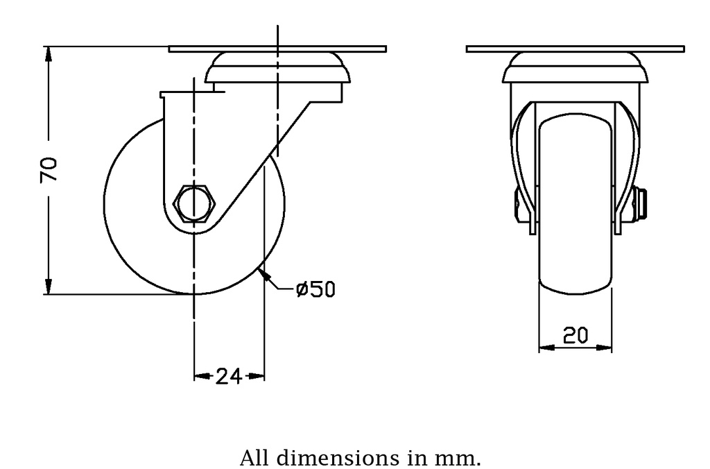 100 series 50mm swivel top plate 60x60mm castor with nylon tread on polypropylene centre plain bearing wheel 50kg - Castor drawing