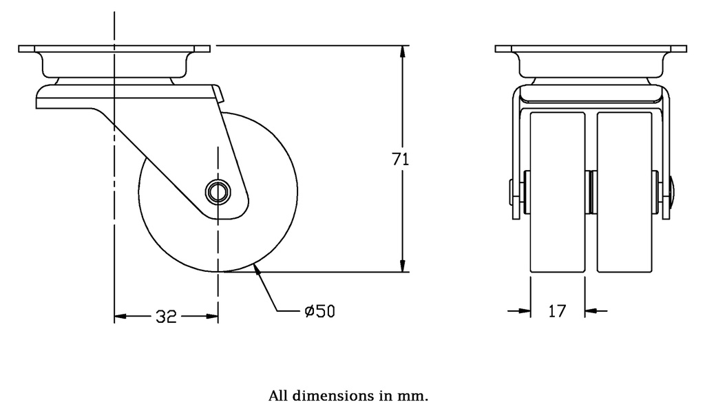 100 series 2x50mm swivel top plate 60x60mm castor with polypropylene plain bearing wheels 80kg - Castor drawing