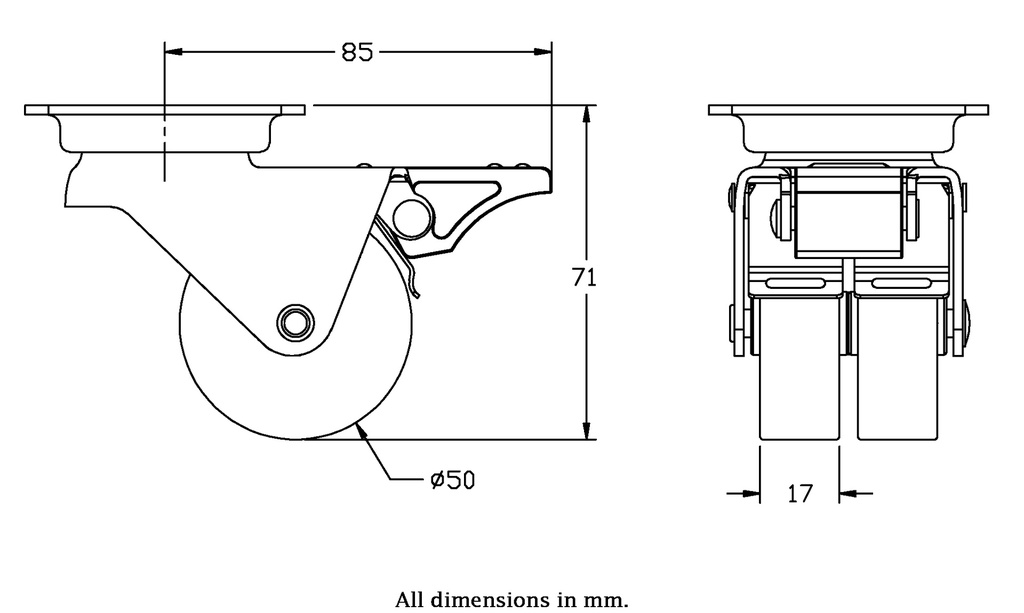 100 series 2x50mm swivel/brake top plate 60x60mm castor with polypropylene plain bearing wheels 80kg - Castor drawing