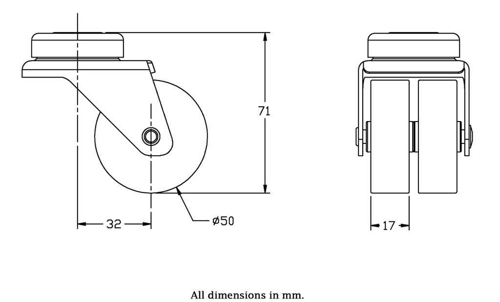 100 series 2x50mm swivel bolt hole 10mm castor with polypropylene plain bearing wheels 80kg - Castor drawing