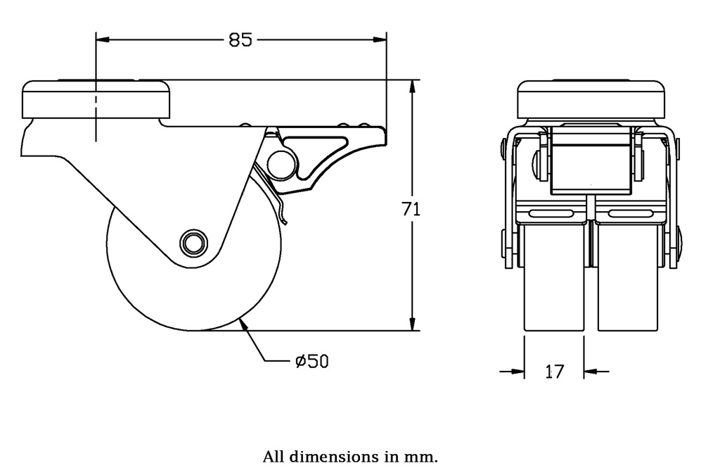 100 series 2x50mm swivel/brake bolt hole 10mm castor with polypropylene plain bearing wheels 80kg - Castor drawing