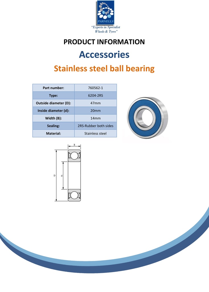 Ball bearing 6204-2RS Stainless Steel - Spec sheet
