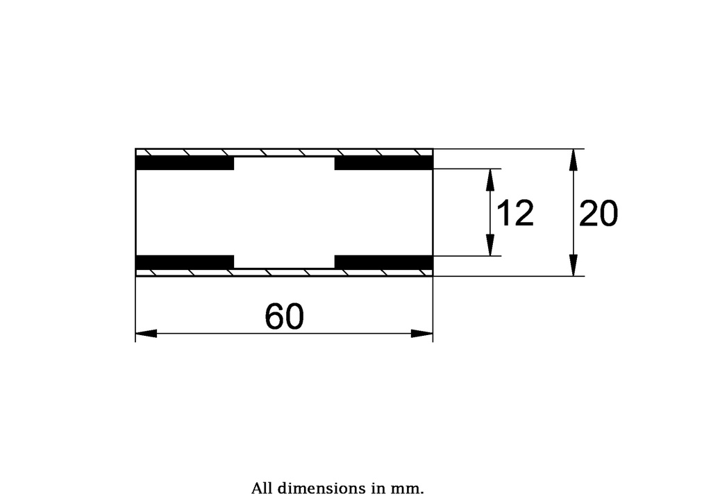 Bush 20x12x60mm plastic inserts - Bush drawing with Dimensions